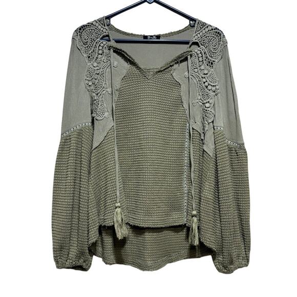 Miss Me Tops - Miss Me Small Olive Green Sage Crochet Lace Boho Peasant Top Bell Sleeve